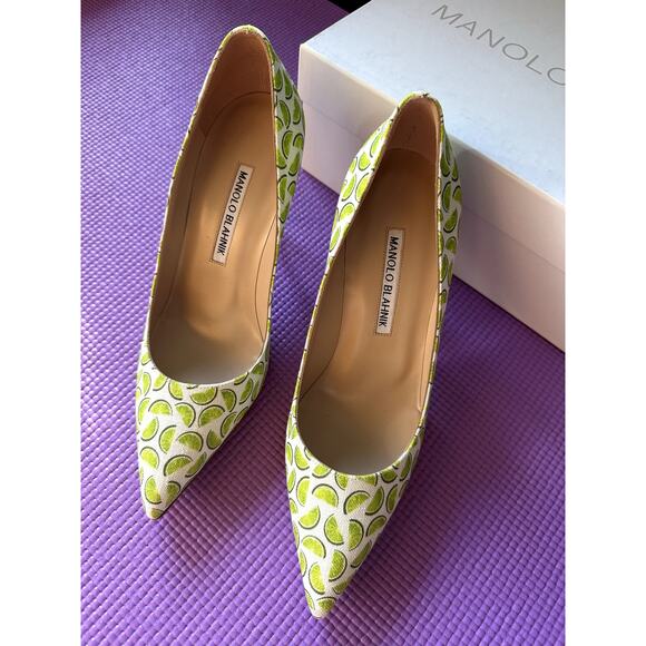 $745 Manolo Blahnik Pumps Size 37 EU 7 US NEW White Green Linen Limes - Picture 11 of 12